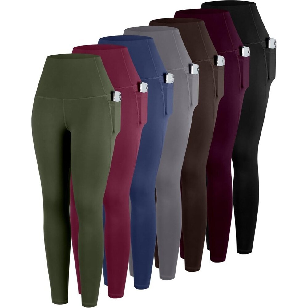 Leggings with Pockets for Women, 7 Packs High Waisted Workout Tummy Control Yoga